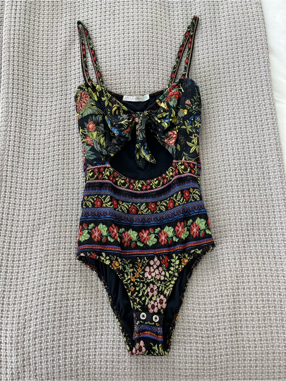 Cecilia Prado Mixed Floral Knit Bodysuit - Cutout Tie Front - Size Small